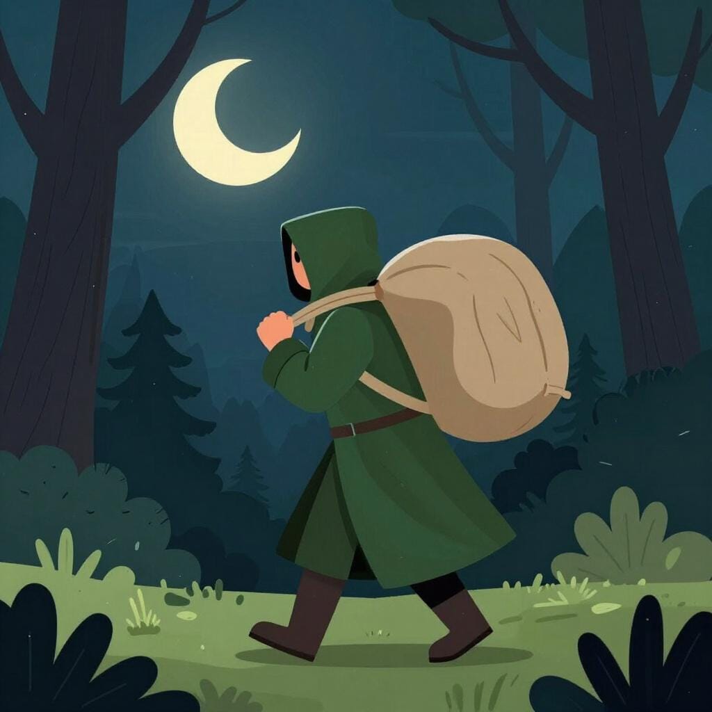 Eine Person in einem Kapuzenumhang, die nachts einen schweren Sack durch einen dunklen Wald trägt.
