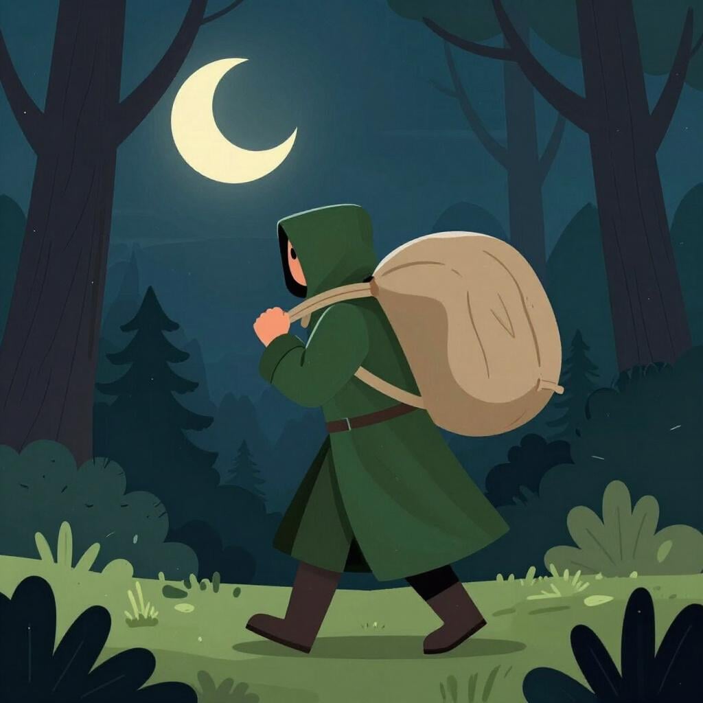 Une personne portant une cape à capuche et transportant un lourd sac à travers une forêt sombre la nuit.