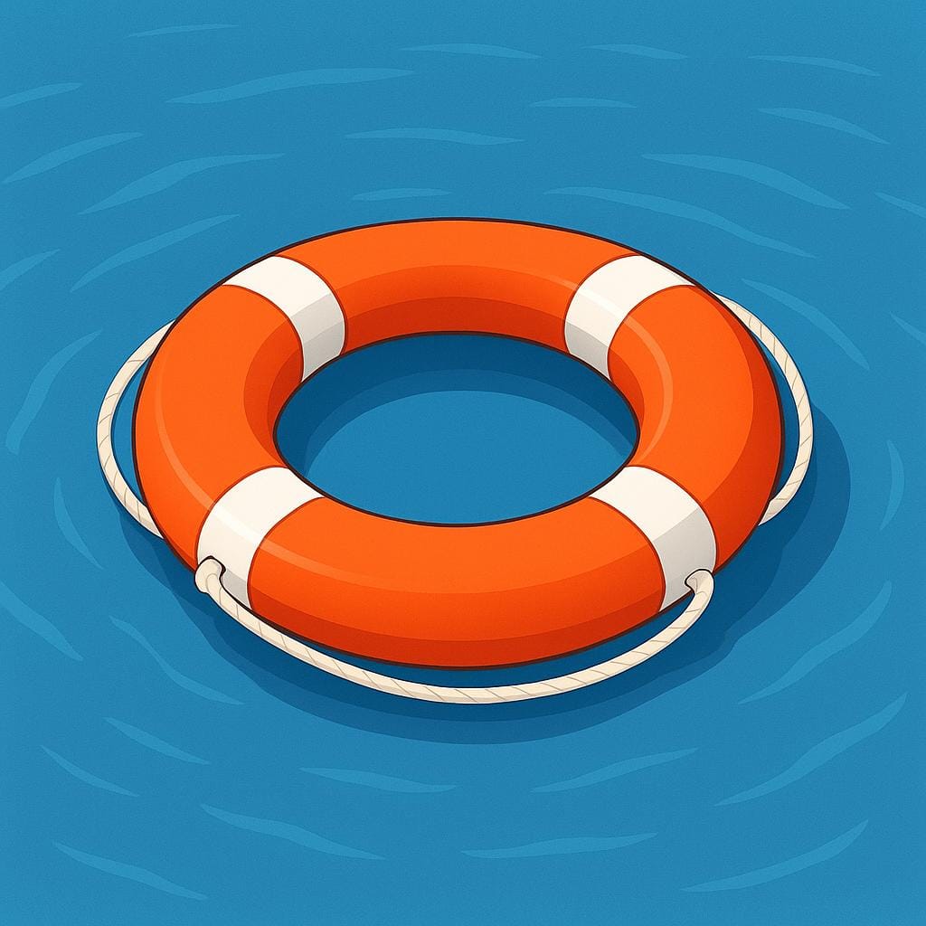 A brightly colored orange and white ring-shaped life preserver floating calmly on the surface of deep blue water.