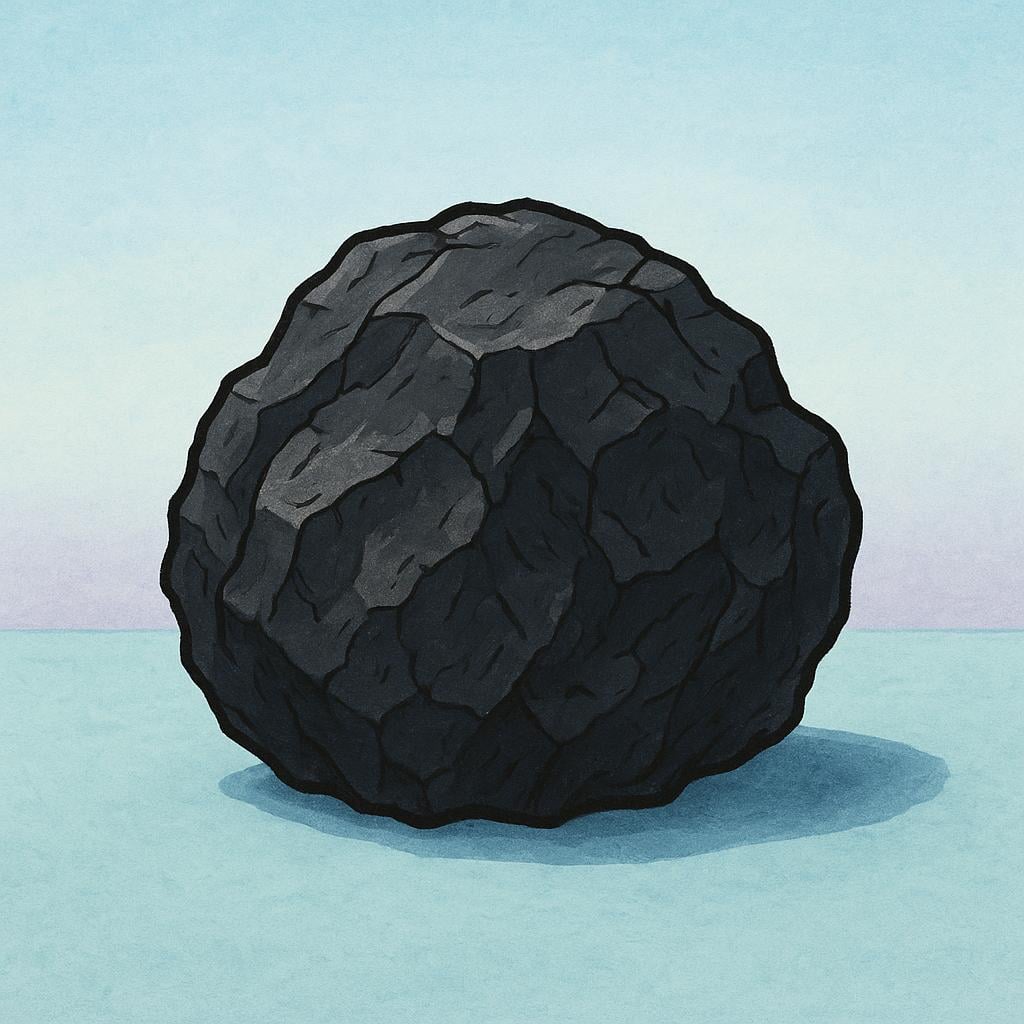 A solitary, large, dusty black lump of coal resting prominently on a surface, symbolizing a punishment or negative gift.