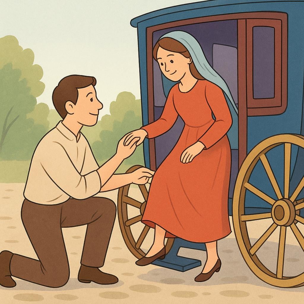 A courteous man helping a woman step out of a carriage by gently holding her hand.