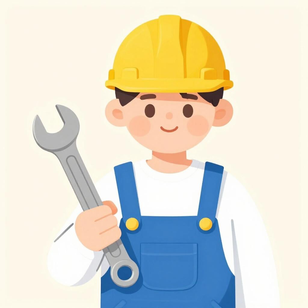 A worker in blue overalls carrying a toolbox and a wrench.