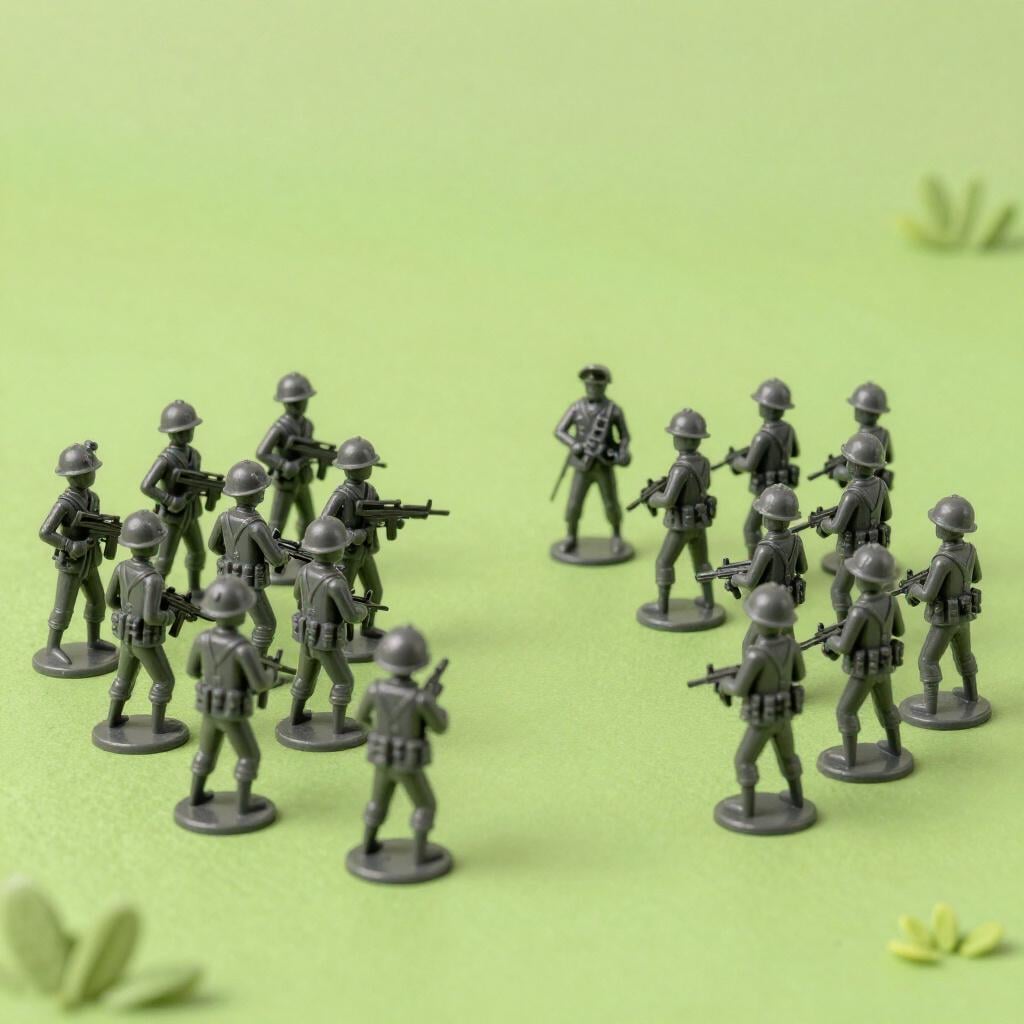 Twee groepen speelgoedsoldaatjes in verschillende kleuren die elkaar aankijken op een grasveld.