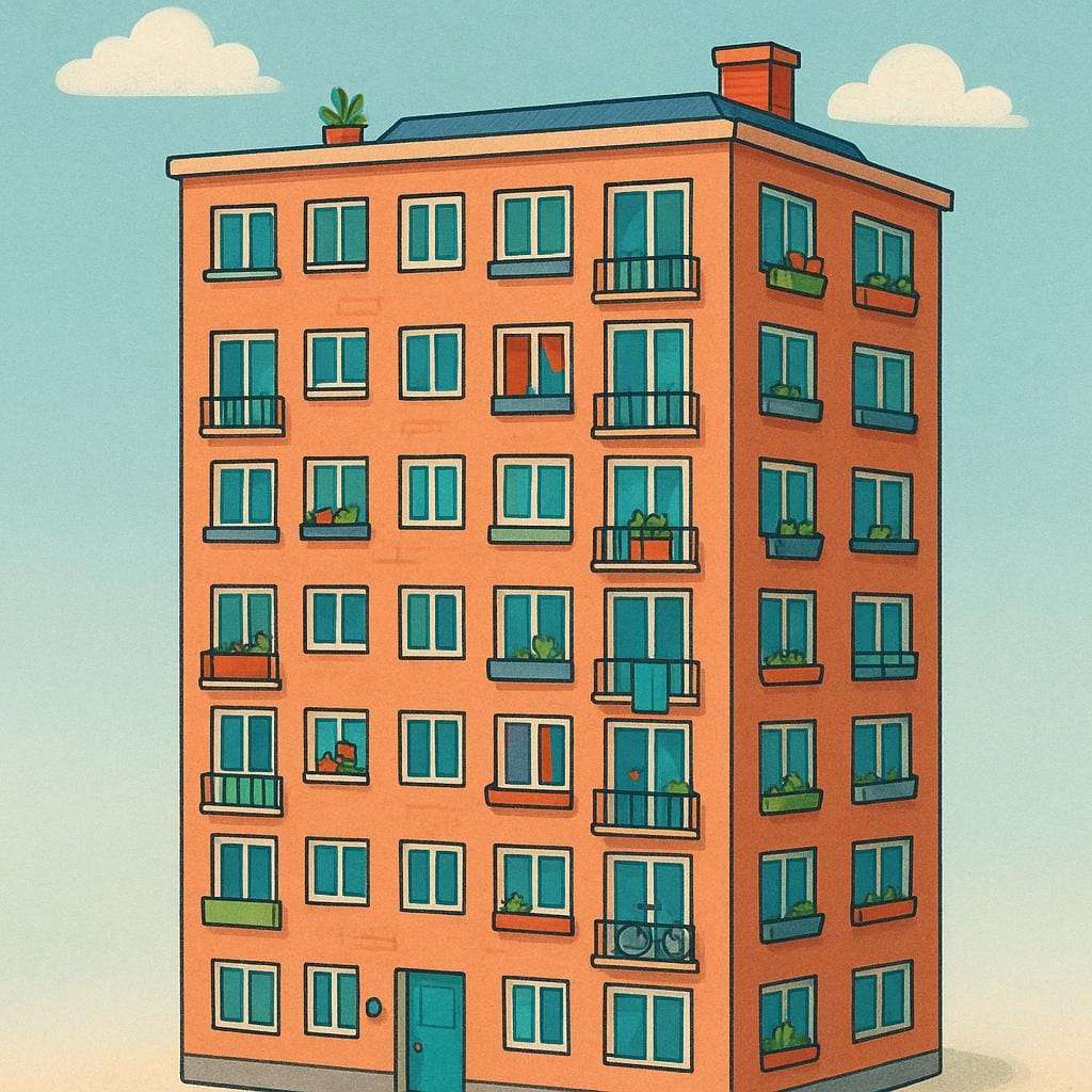 A tall, imposing, rectangular residential building with many visible windows, known as an apartment block.