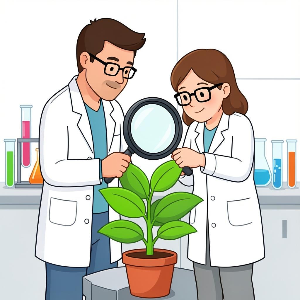 Two scientists in white lab coats looking through a large magnifying glass at a colorful plant.