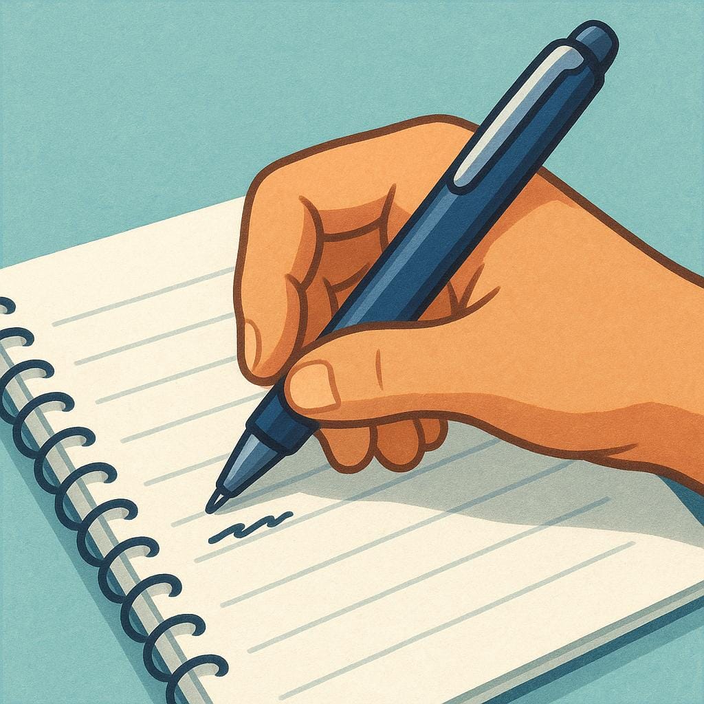 A person sitting at a desk, carefully writing notes in a small notebook with a pen.