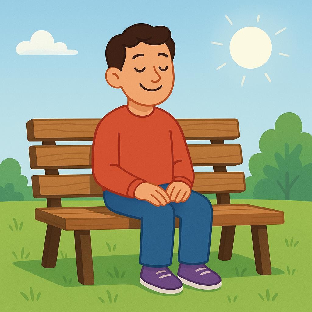 An illustration of a happy, healthy person relaxing comfortably outdoors on a sunny park bench.