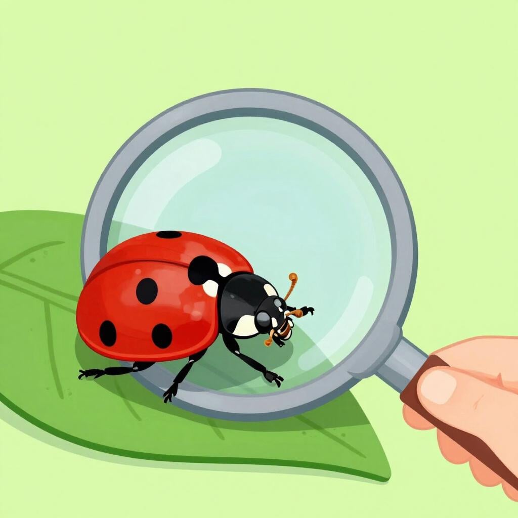 Uma lupa segurada sobre uma joaninha minúscula e intrincadamente detalhada em uma folha, mostrando cada ponto e característica claramente.