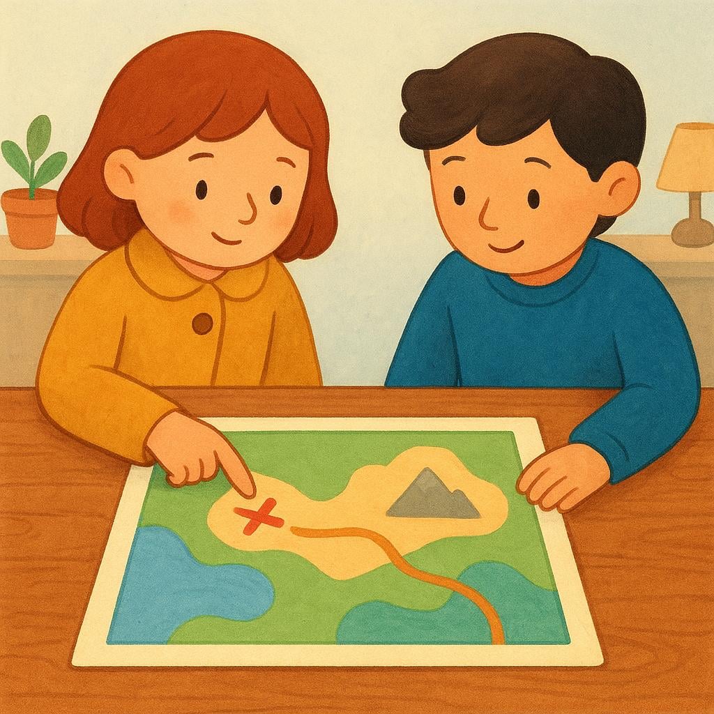 Two figures standing at a large wooden table reviewing a map layout, with one figure pointing decisively to a specific location on the map.