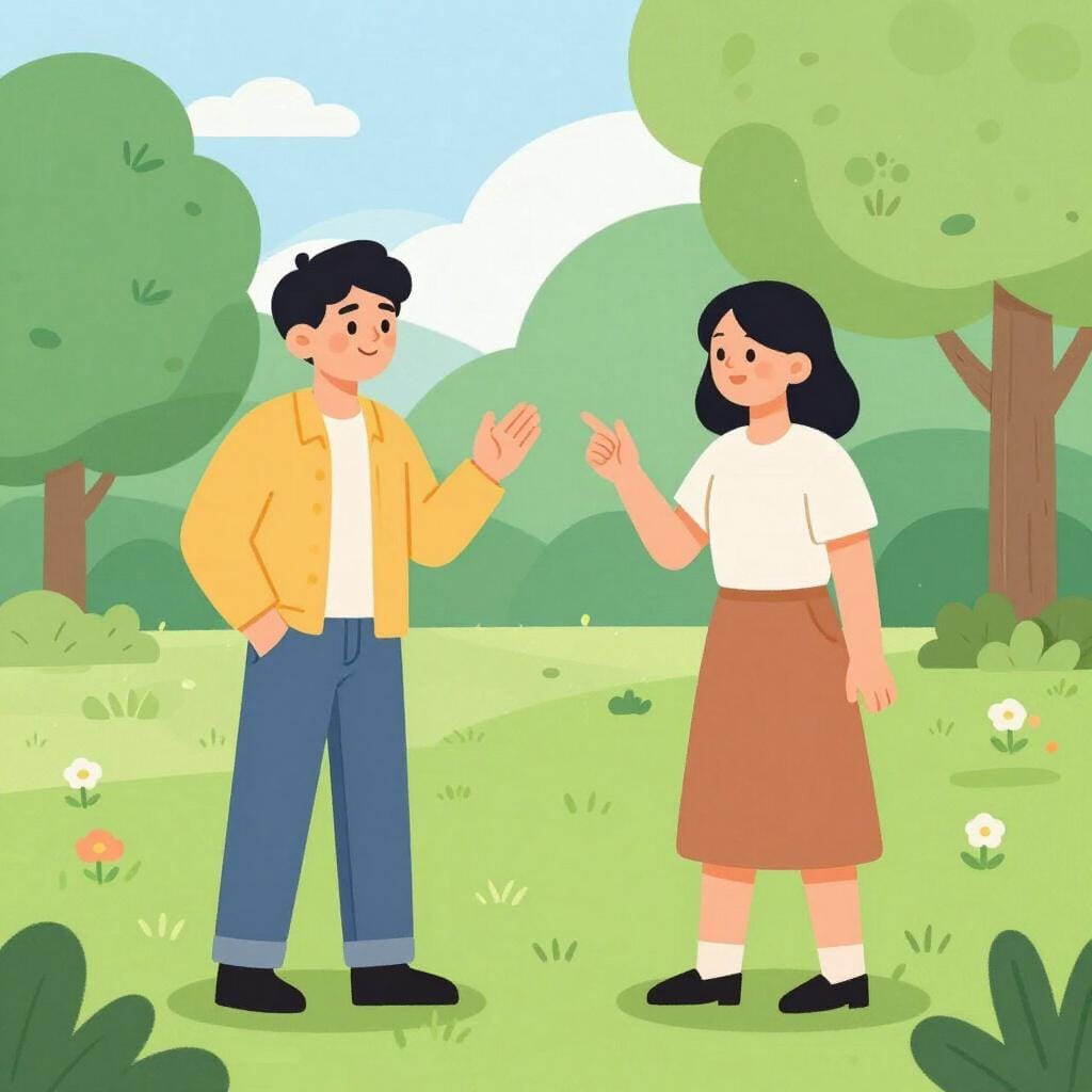 Two people standing across from each other gesturing with their hands while talking.