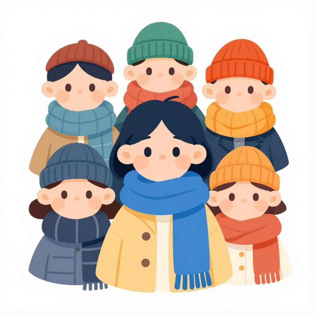 Een persoon die veel lagen kleurrijke sjaals en hoeden draagt, overweldigd door het overschot.