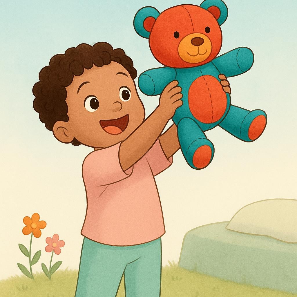 A storybook illustration of a young child holding up a colorful teddy bear with a big smile, showing they have found it.