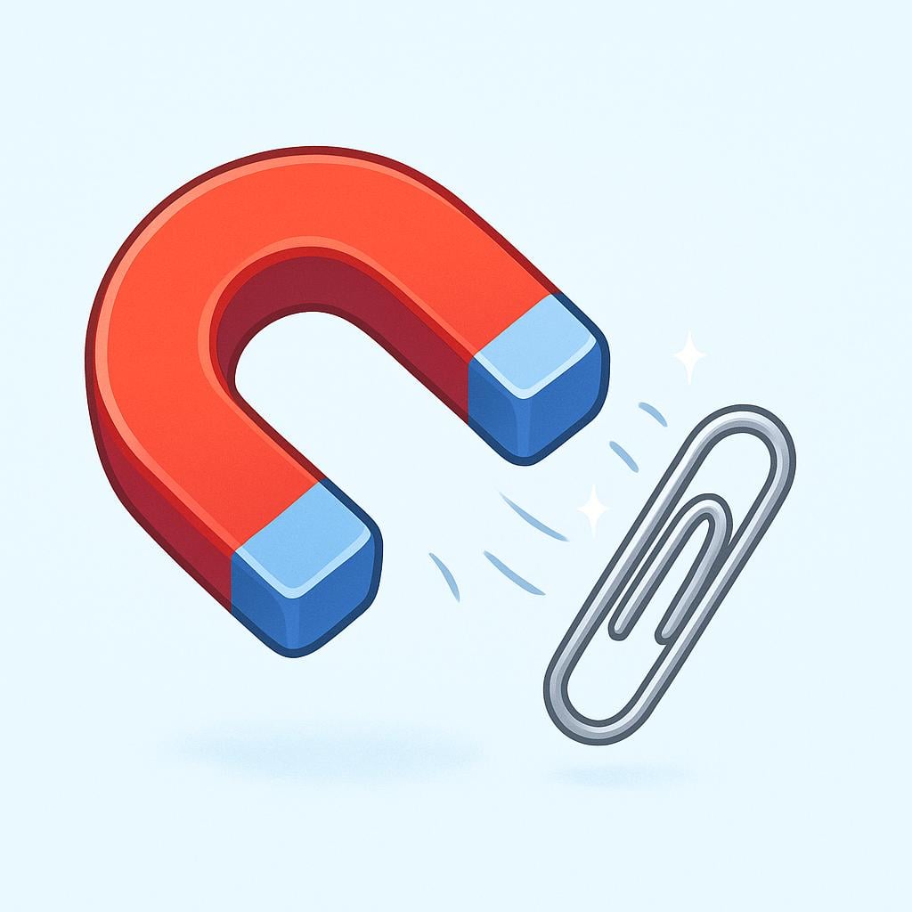 A strong red and blue horseshoe magnet is pulling a small silver paperclip toward it across a flat surface, illustrating magnetic attraction.