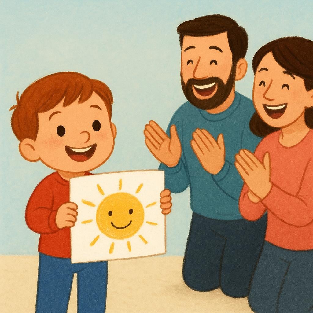 A small child is holding up a brightly colored drawing, causing two adults standing nearby to smile broadly and clap their hands.