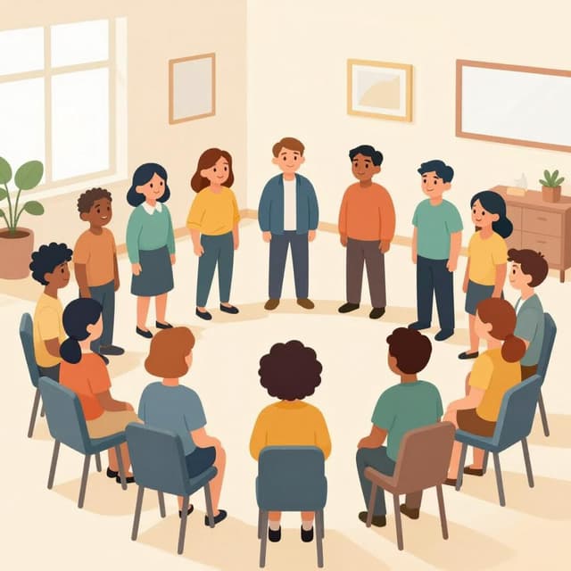 A group of people standing together in a circle, looking at each other as if starting a meeting.