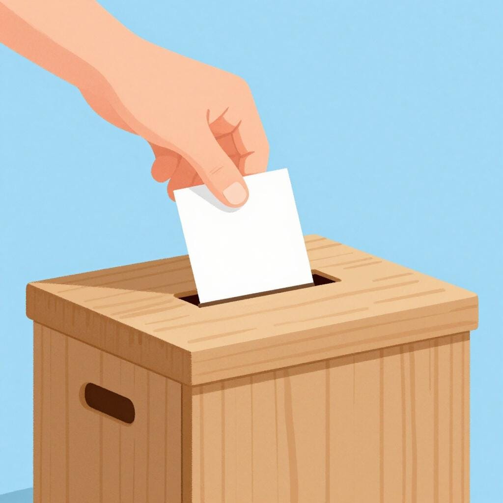 Eine bunte Illustration einer Person, die einen Stimmzettel in eine einfache Holzkiste wirft.