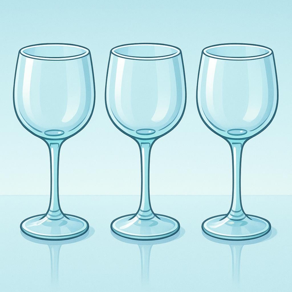 A trio of empty, clear glass goblets with long stems lined up on a reflective surface, emphasizing the stemware shape.