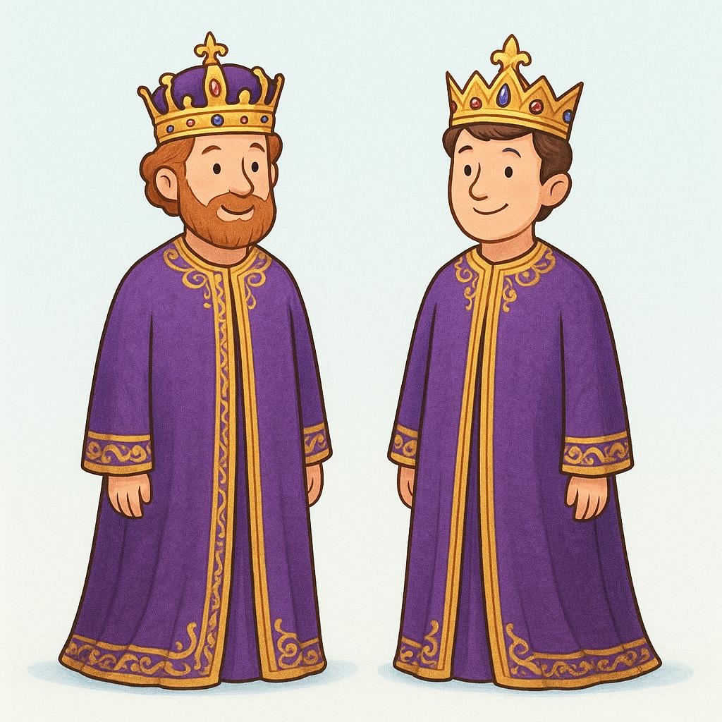 Two male figures, both wearing golden crowns and elaborate royal robes, standing side by side, representing kings.