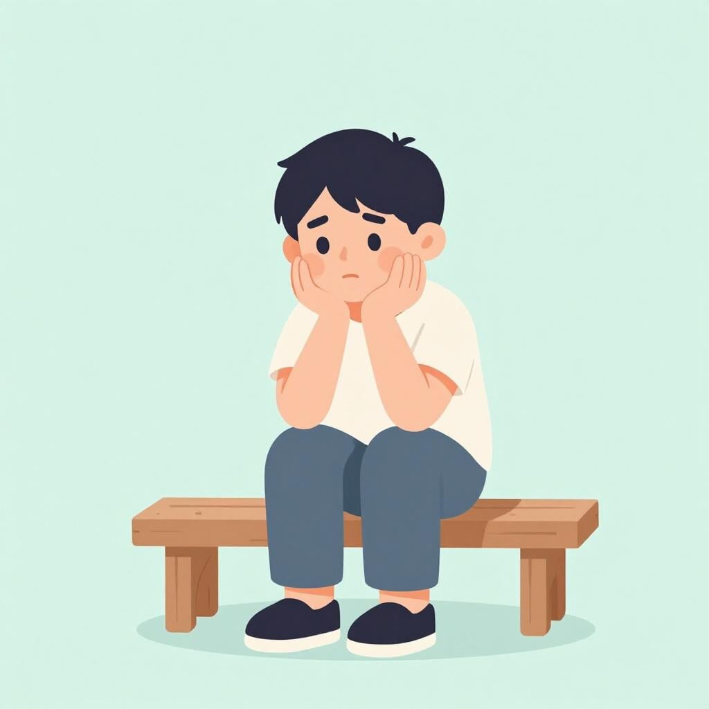 A person sitting on a small wooden bench, looking down with their chin in their hands, looking slightly anxious.