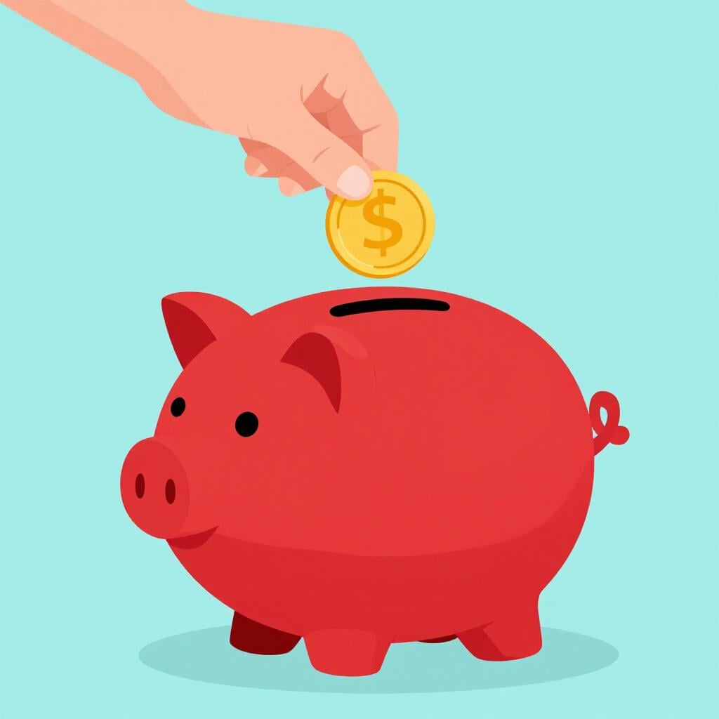 An adult hand placing a gold coin into a child's colorful ceramic piggy bank.