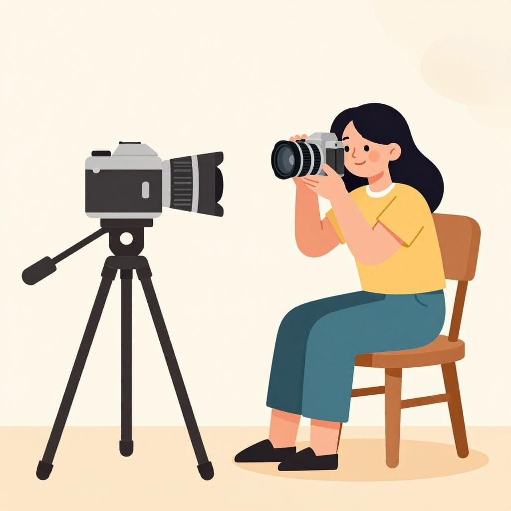 写真家がポートレート撮影のために座っている人物をカメラのレンズを通して見ている。