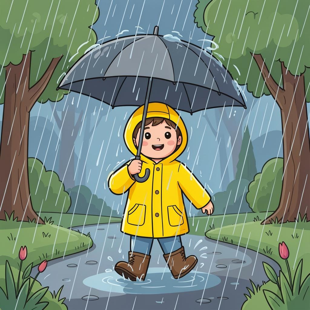 A person wearing a thick raincoat and holding an umbrella while walking through heavy rain.