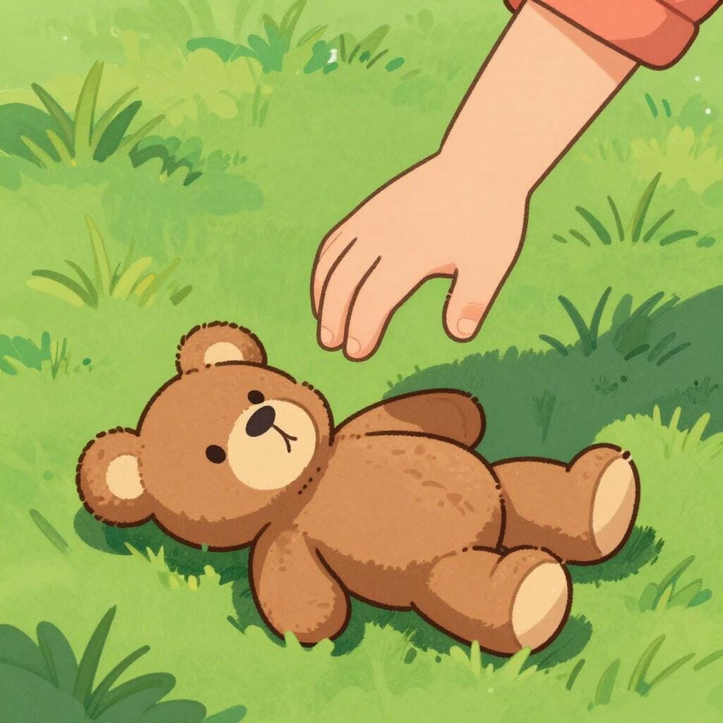 A child's hand reaching down to pick up a brightly colored, lost teddy bear lying on the green grass.