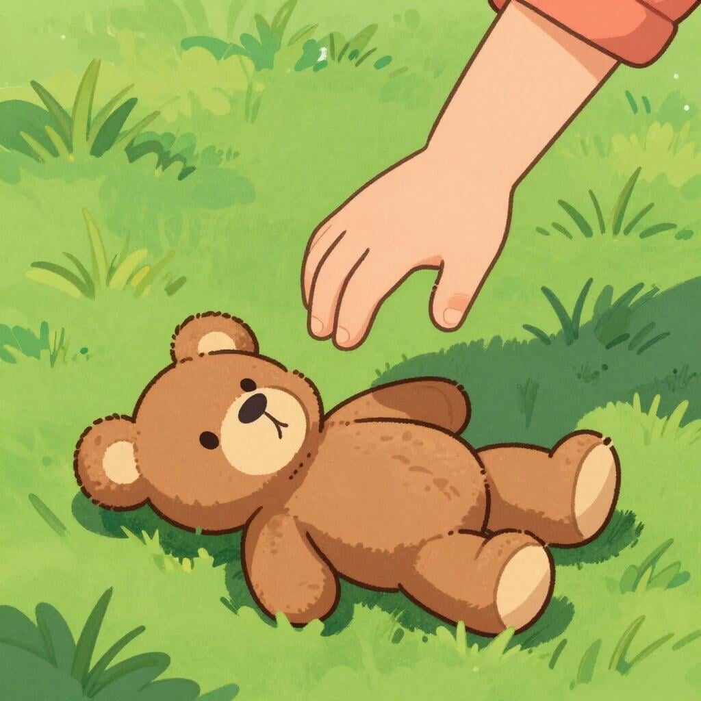 A child's hand reaching down to pick up a brightly colored, lost teddy bear lying on the green grass.