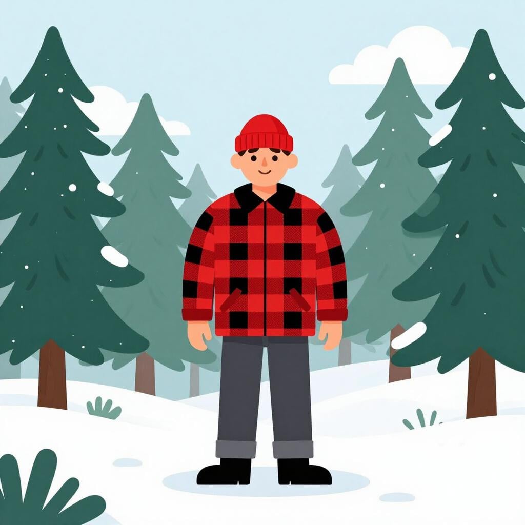 Una persona che indossa una calda giacca a quadri rossa e nera e un cappello di lana rosso, in piedi in una foresta innevata.
