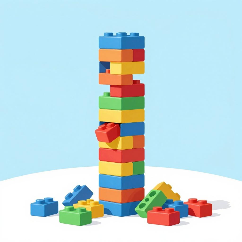 A tall stack of colorful blocks tumbling over and falling to the ground.