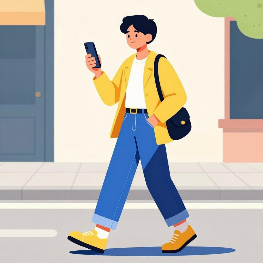 A modern, colorful city street filled with people wearing the latest fashion trends and using current technology.