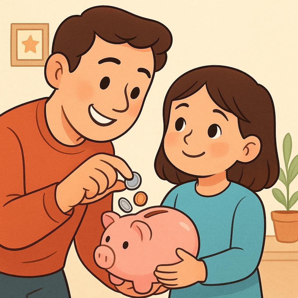 A smiling adult placing coins into a child's piggy bank, symbolizing financial support.