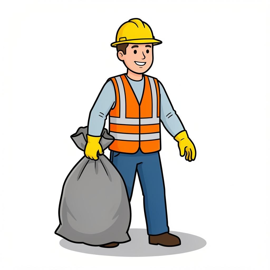 A person in a bright orange safety vest holding a large trash bag.