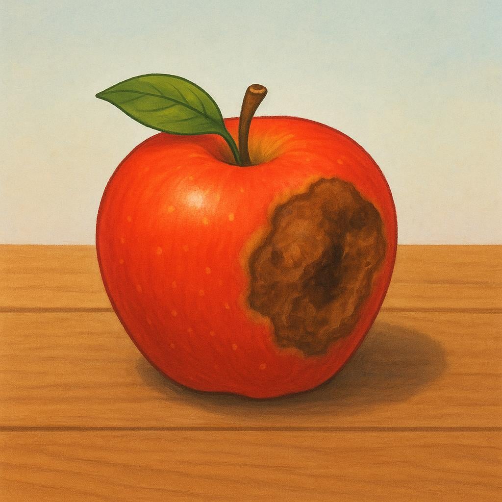 A single red apple sitting on a wooden surface, showing extensive brown, soft, and visibly decaying rot on its side.