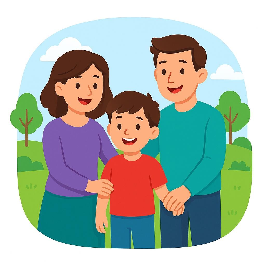 A simple group illustration showing three diverse people, a child, an adult woman, and an adult man, standing together in a bright green park.
