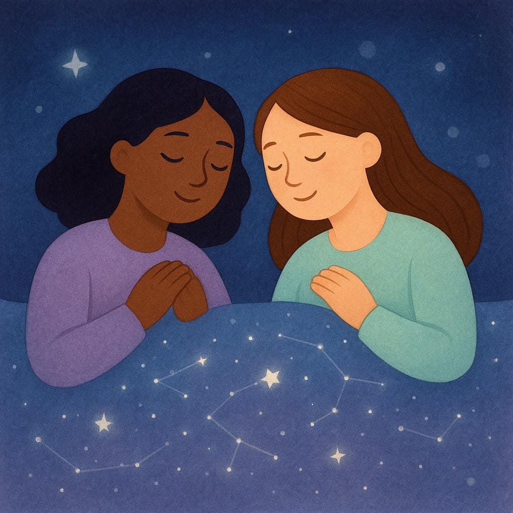 부드러운 별빛 담요 아래 평화롭게 누워 있는 두 개의 양식화된 여성 형상을 보여주며, 죽은 여성들을 상징합니다.