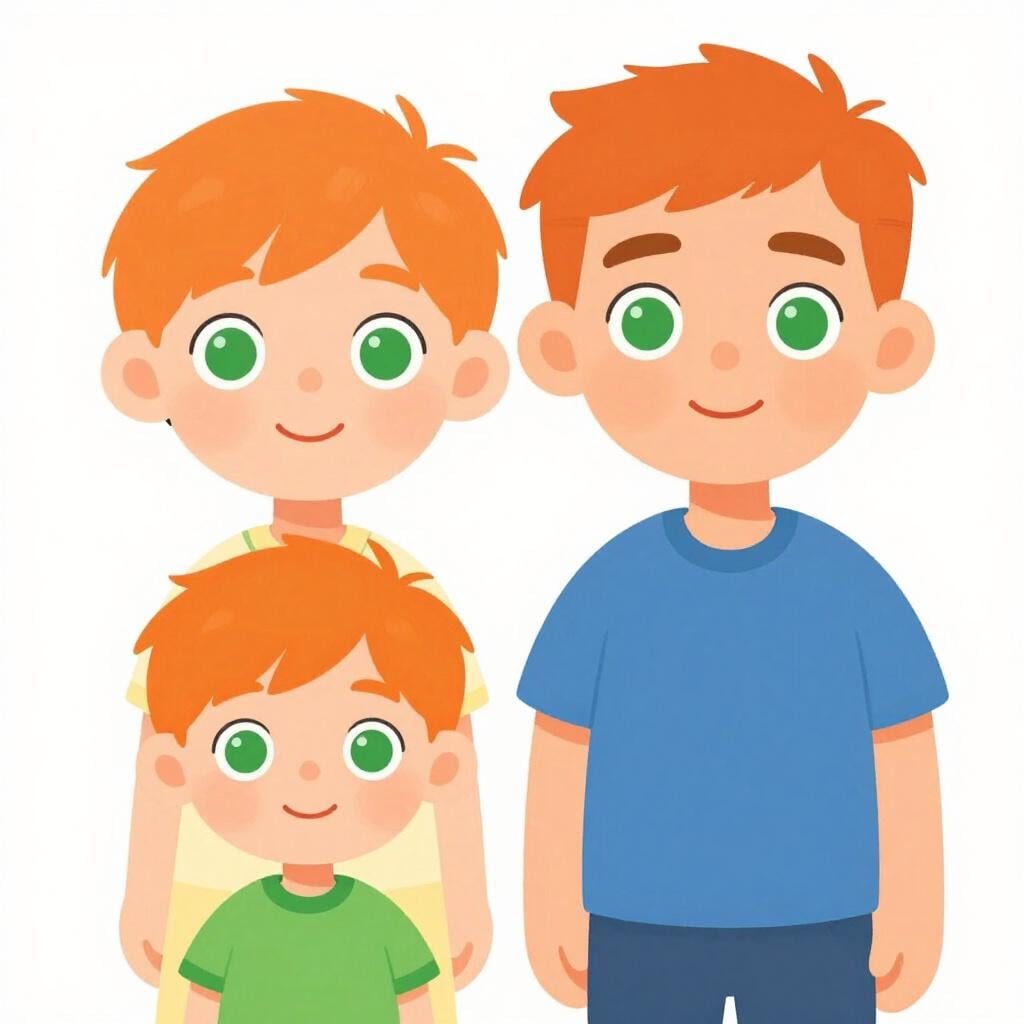 父親と幼い息子が二人とも笑顔で、同じ明るい赤毛とそばかすをしている。