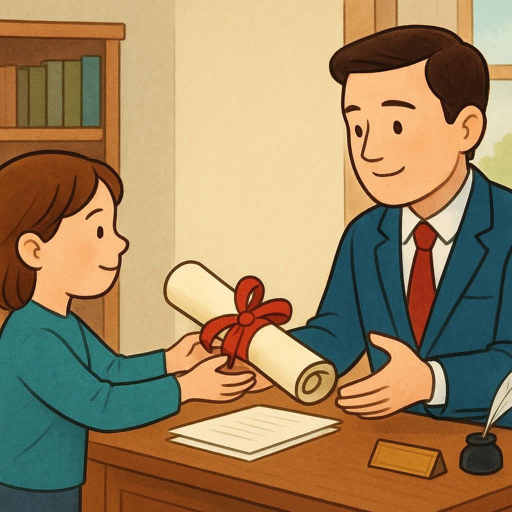 A small group of storybook characters, representing citizens, formally presenting a large, rolled document tied with a ribbon to a single authority figure seated at a desk.