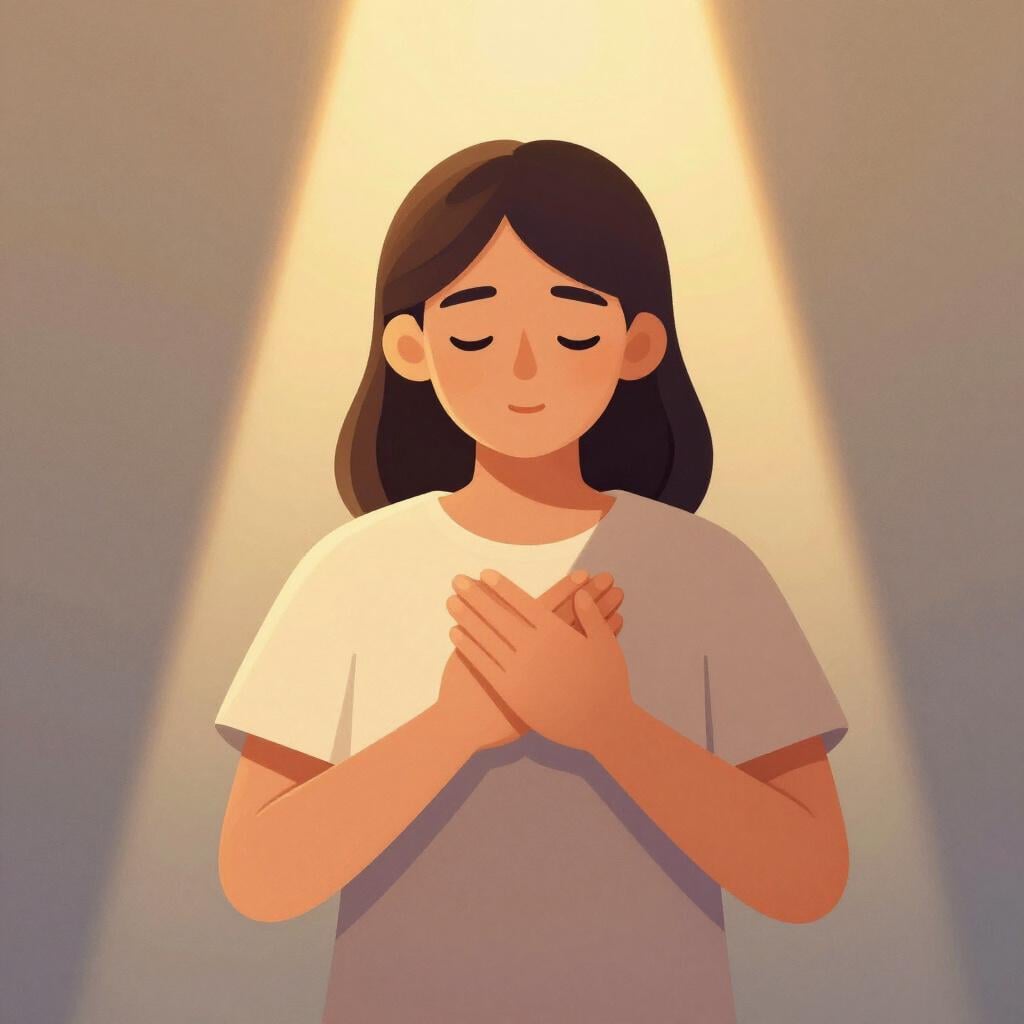 A humble person standing peacefully with their hands over their heart, bathed in a soft beam of light.