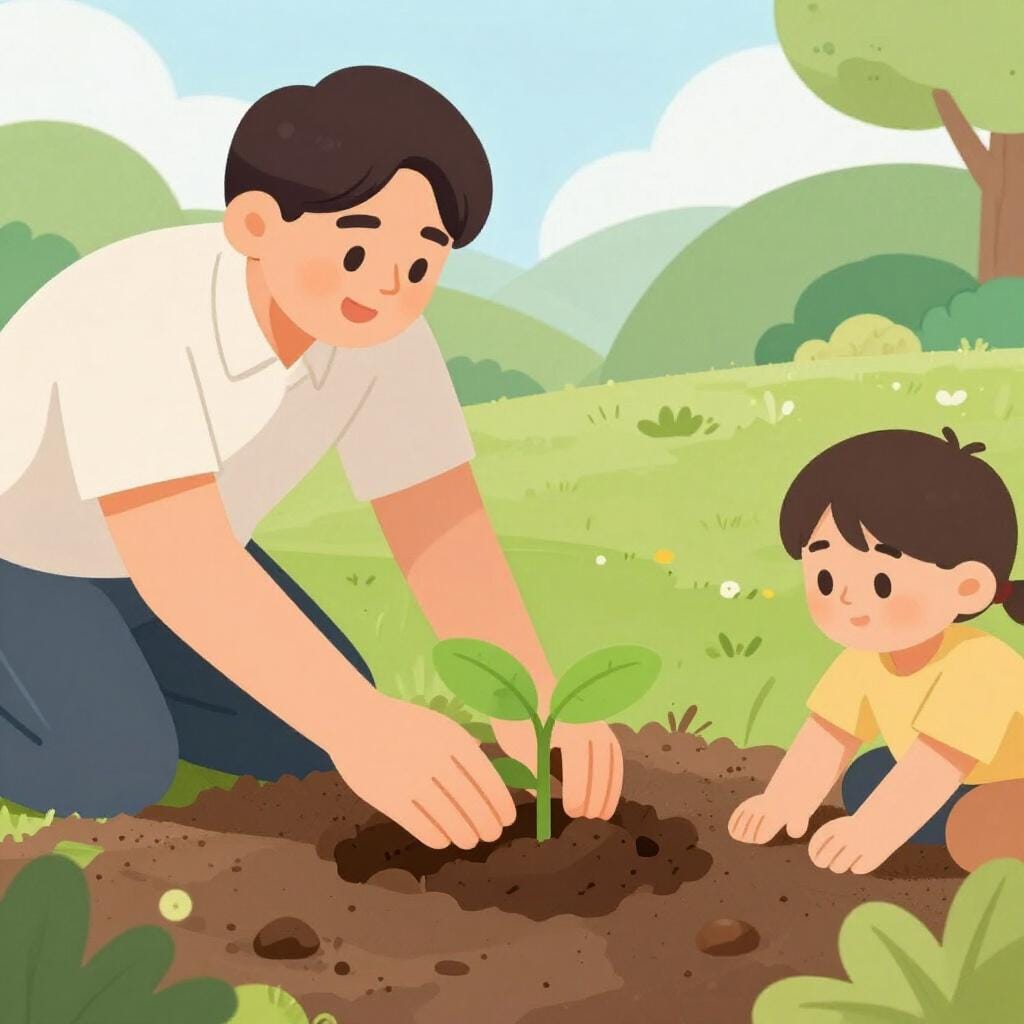 A mentor showing a student how to plant a small tree in a garden.