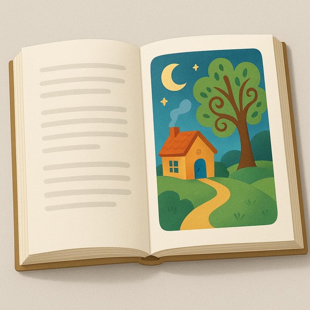 Een open boek dat plat ligt. De rechterpagina toont een grote, duidelijke, kleurrijke illustratie, die duidelijk het begin van een nieuw hoofdstuk of sectie markeert.