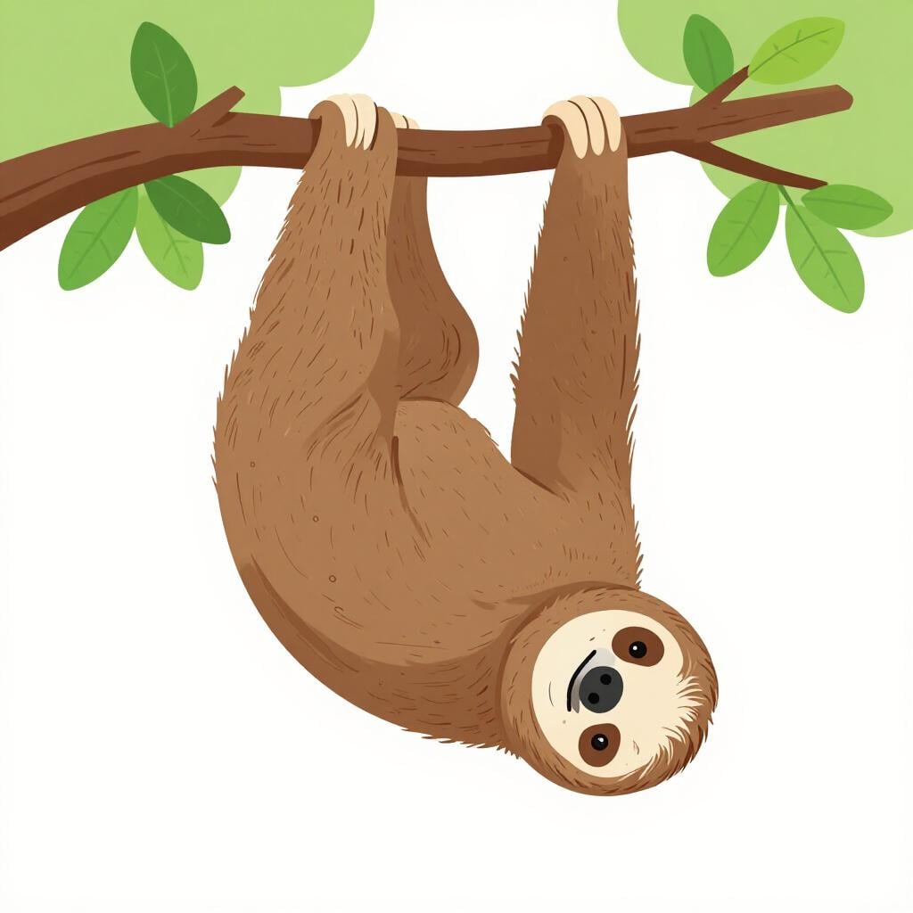 A brown three-toed sloth hanging upside down from a green leafy tree branch.