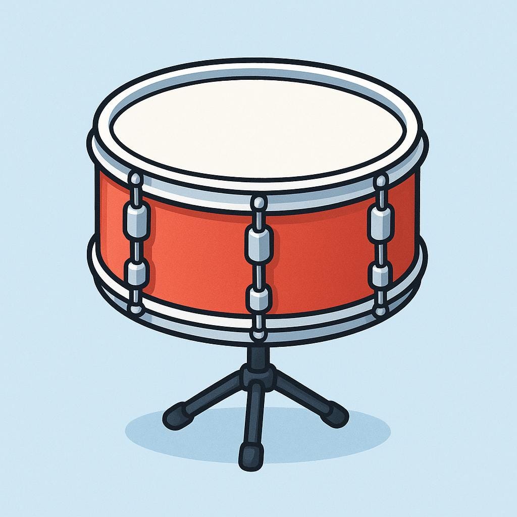 A simple, red and white snare drum sitting on a small stand.