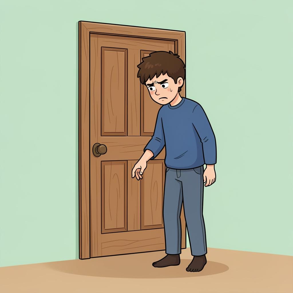 A person standing by a closed door, tapping their foot and looking at their empty wrist with a frustrated expression.