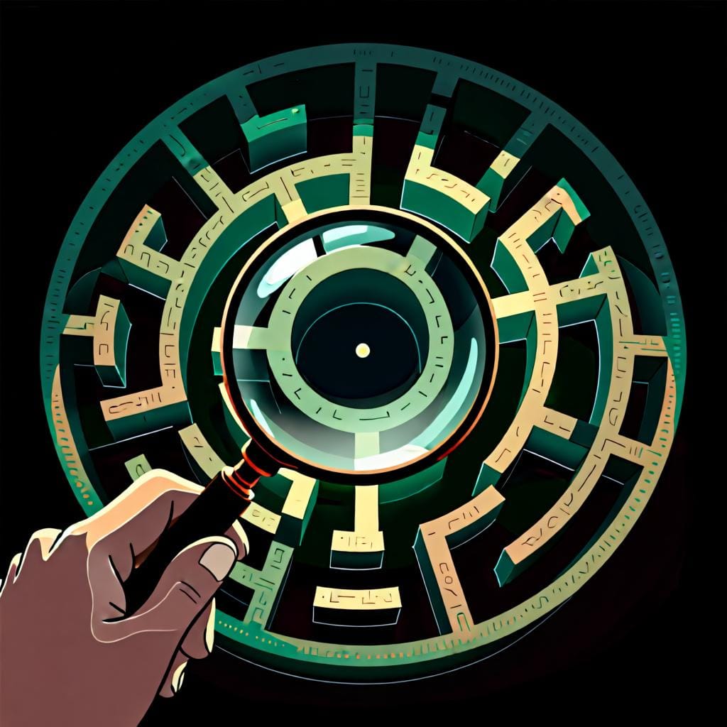 Une loupe se concentrant sur le centre même d'un labyrinthe complexe, représentant le cœur d'un problème.