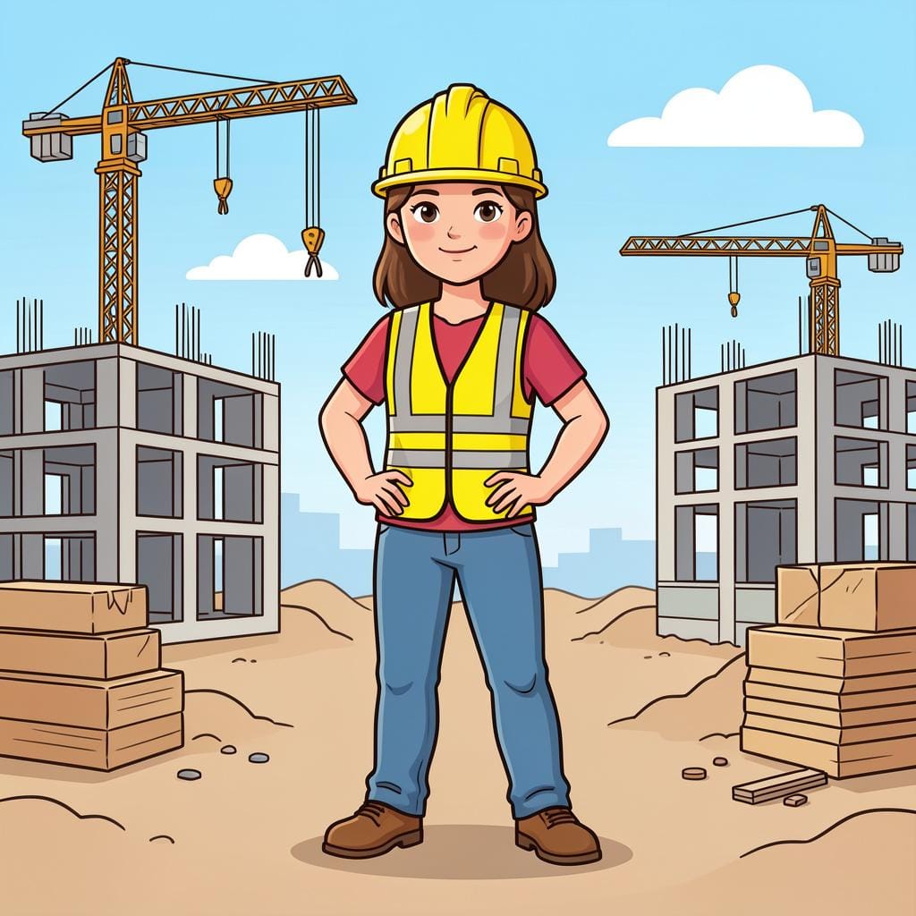 A woman wearing a yellow hard hat and a safety vest, holding a blueprint.