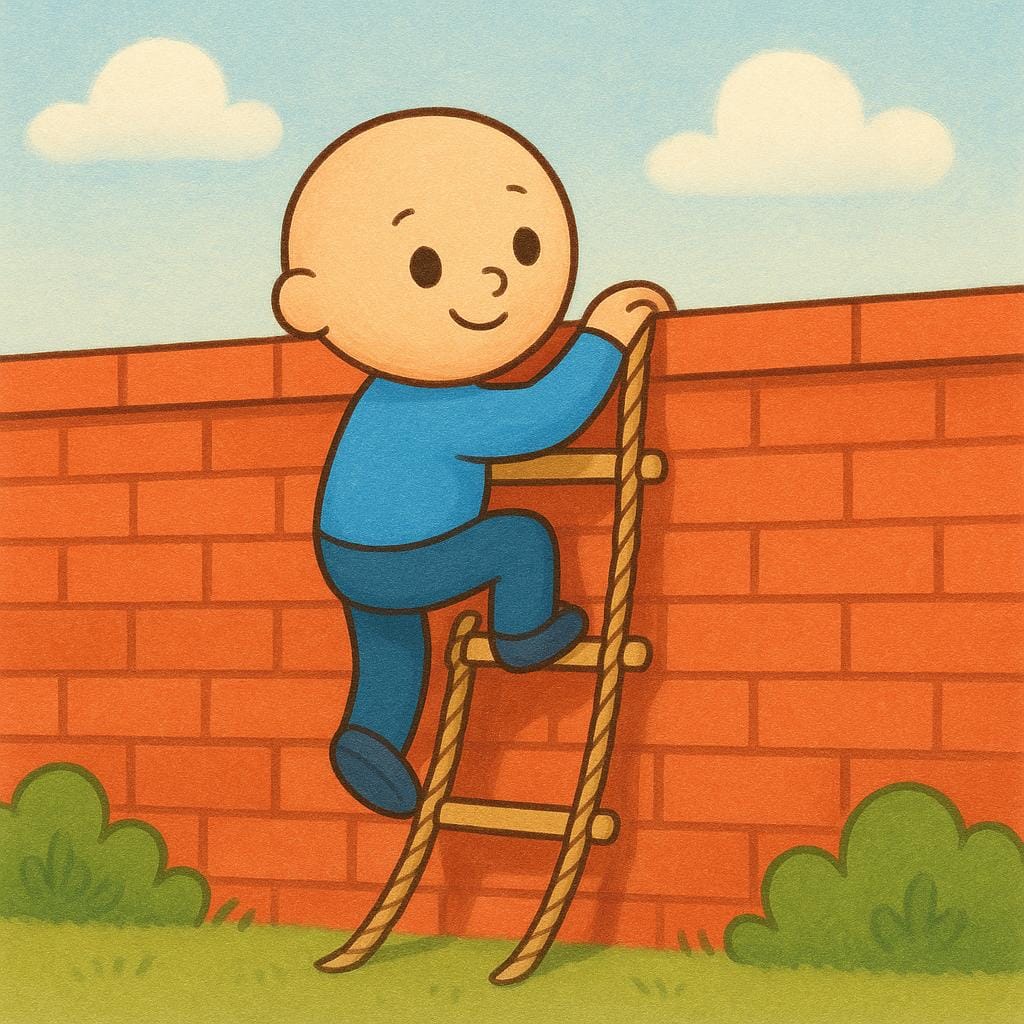A small cartoon figure scaling a tall, simple brick wall using a rope ladder, representing an escape from confinement.