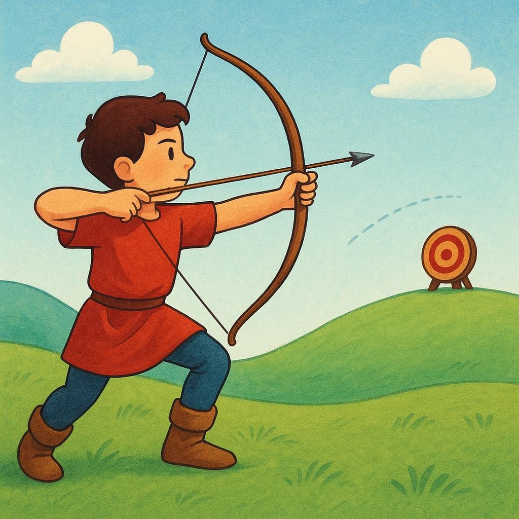 A young person concentrating while firing an arrow from a bow. The arrow is depicted mid-flight.