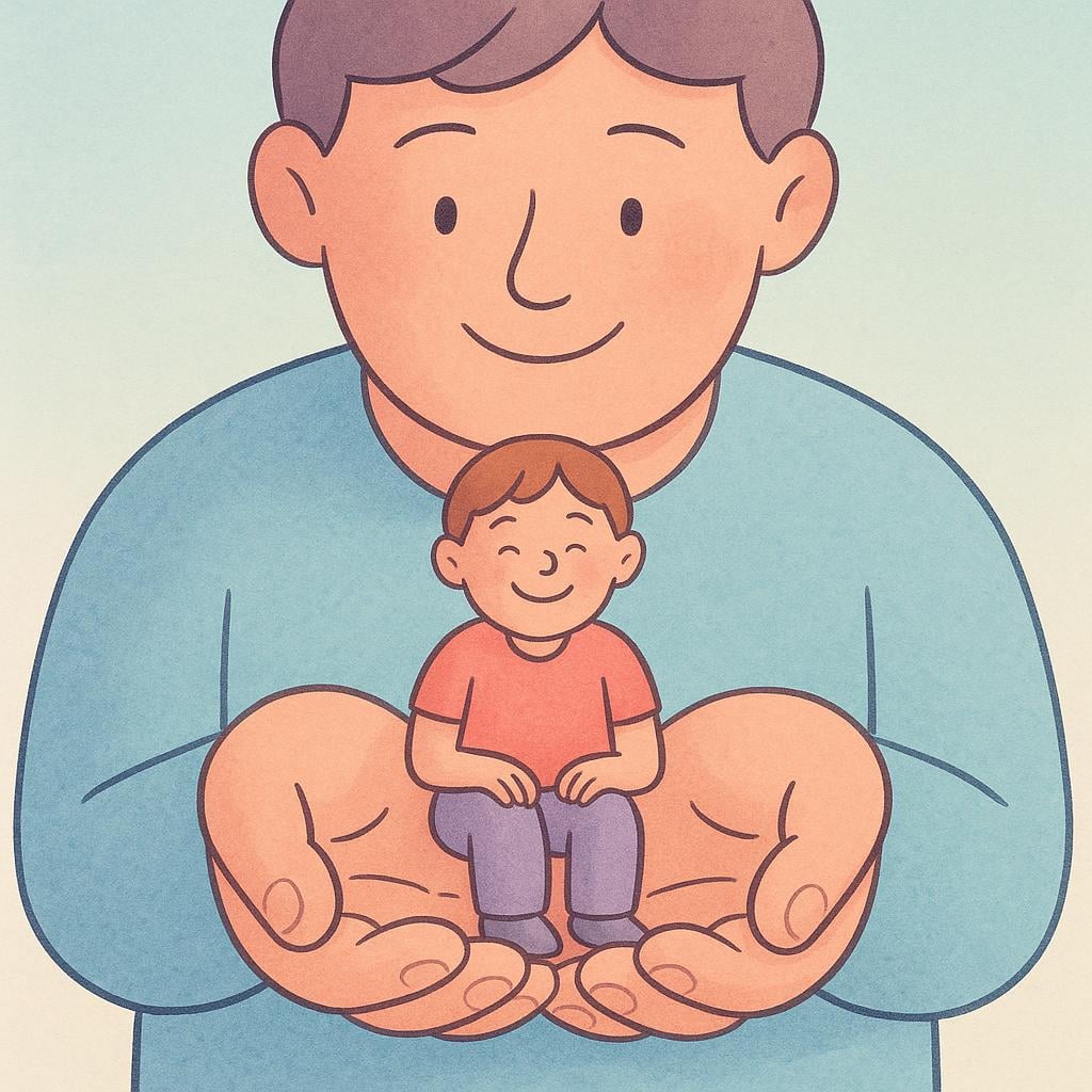 A large person gently holds a tiny, smiling figure securely in their open, cupped palms.