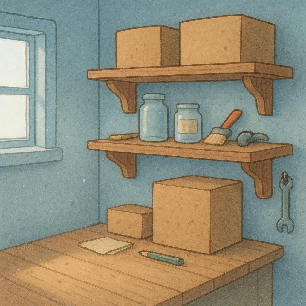 A modest, dusty storage room interior showing simple wooden shelves holding stacked cardboard boxes and miscellaneous household items.